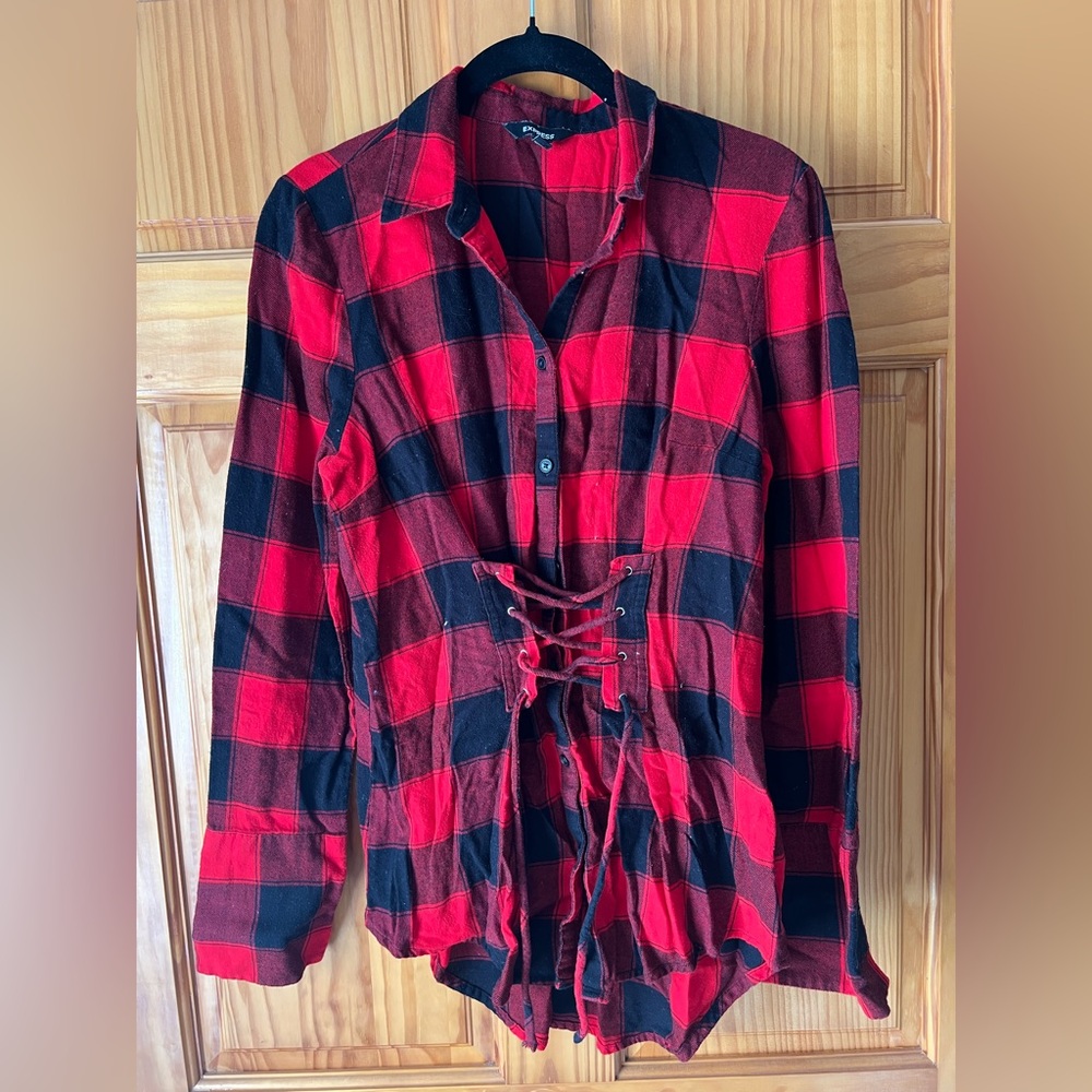 Express Red and Black Plaid Button Down Shirt